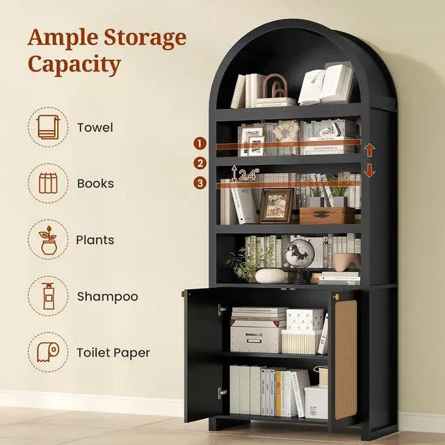 Alt view image 3 of 7 - 81" Tall Arched Cabinets,Bookcase with storage,Mid-Century Modern 6-Tier Bookshelf with Door,2 Book Risers and Adjustable Shelves offering more storage space for Living Room,Home Office,Black+Oak