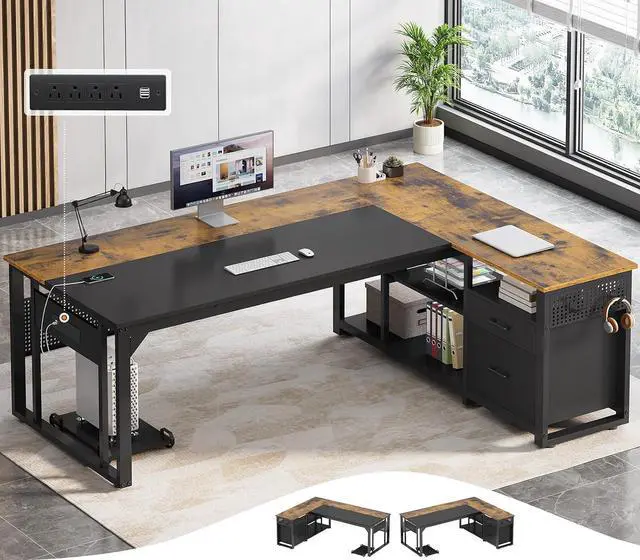 Main image of 71 in Executive Desk with Power Outlets, Reversible L Shaped Desk with File Drawers & Storage Shelves, Large Office Desk Computer Desk with Pegboard, Mobile CPU Stand, Modern Corner Desk