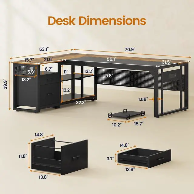 Alt view image 2 of 7 - 71 in Executive Desk with Power Outlets, Reversible L Shaped Desk with File Drawers & Storage Shelves, Large Office Desk Computer Desk with Pegboard, Mobile CPU Stand, Modern Corner Desk