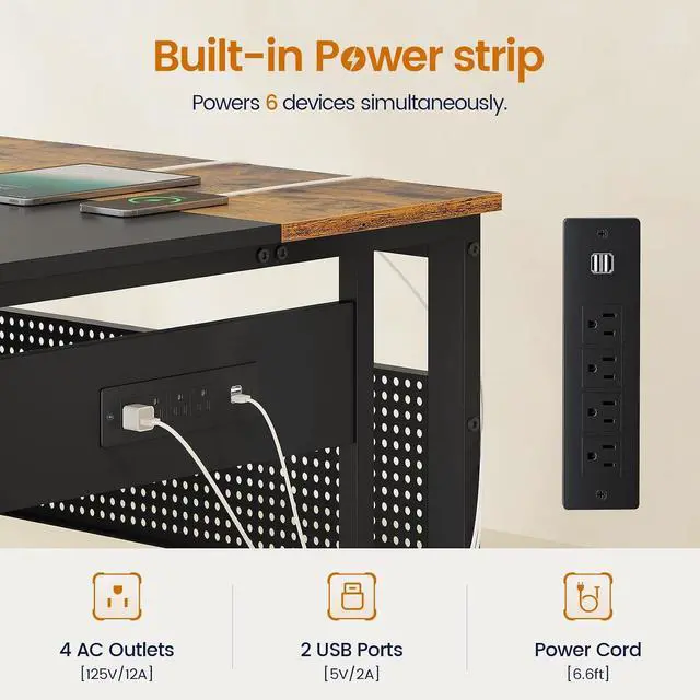 Alt view image 4 of 7 - 71 in Executive Desk with Power Outlets, Reversible L Shaped Desk with File Drawers & Storage Shelves, Large Office Desk Computer Desk with Pegboard, Mobile CPU Stand, Modern Corner Desk