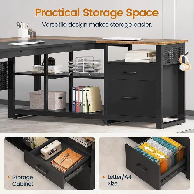 Alt view image 7 of 7 - 71 in Executive Desk with Power Outlets, Reversible L Shaped Desk with File Drawers & Storage Shelves, Large Office Desk Computer Desk with Pegboard, Mobile CPU Stand, Modern Corner Desk