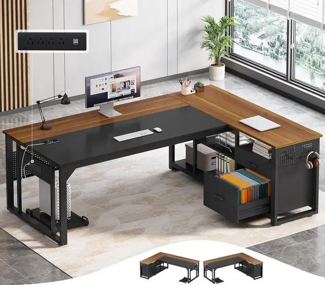 Main image of 71 in Executive Desk with Power Outlets, Reversible L Shaped Computer Desk with File Drawers & Storage Shelves, Large Office Desk with Pegboard, Mobile CPU Stand, Modern Corner Desk (Walnut)