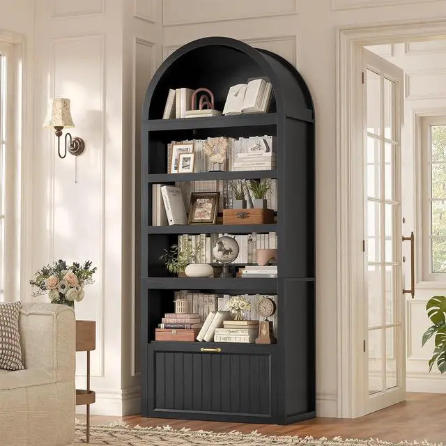 Main image of 81" Tall Arched Cabinets,Bookcase with Drawer storage,Mid-Century Modern 5-Tier Bookshelf,2 Book Risers and Adjustable Shelves offering more storage space for Living Room,Kitchen,Home Office,Black