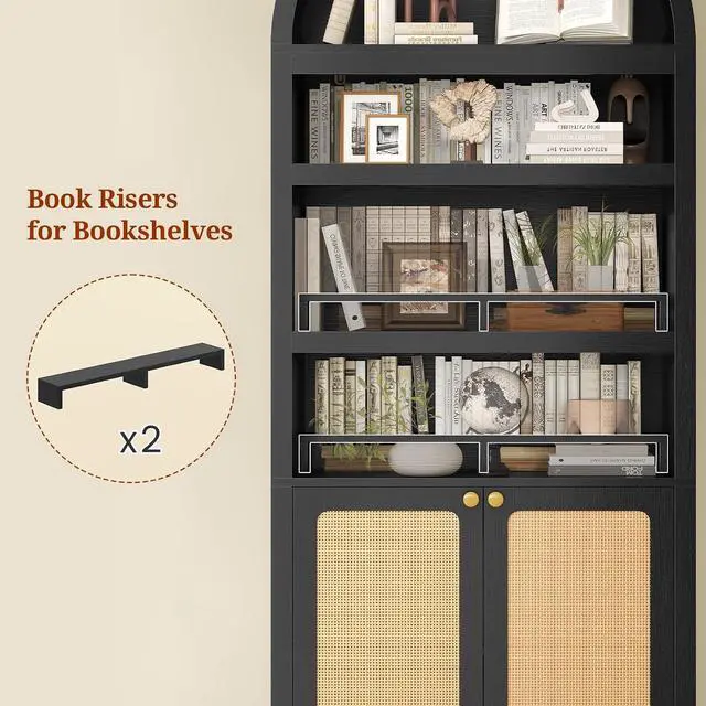 Alt view image 5 of 7 - 81" Tall Arched Cabinets,Bookcase with storage,Mid-Century Modern 6-Tier Bookshelf with Door,2 Book Risers and Adjustable Shelves offering more storage space for Living Room,Home Office,Black+Oak
