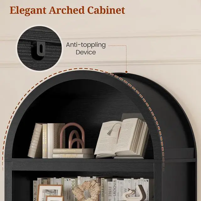 Alt view image 3 of 7 - 81" Tall Arched Cabinets,Bookcase with Drawer storage,Mid-Century Modern 5-Tier Bookshelf,2 Book Risers and Adjustable Shelves offering more storage space for Living Room,Kitchen,Home Office,Black