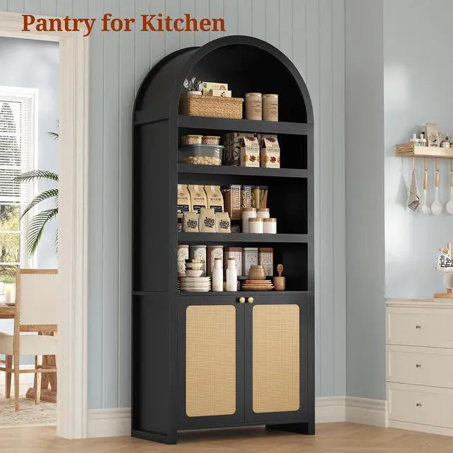 Alt view image 6 of 7 - 81" Tall Arched Cabinets,Bookcase with storage,Mid-Century Modern 6-Tier Bookshelf with Door,2 Book Risers and Adjustable Shelves offering more storage space for Living Room,Home Office,Black+Oak