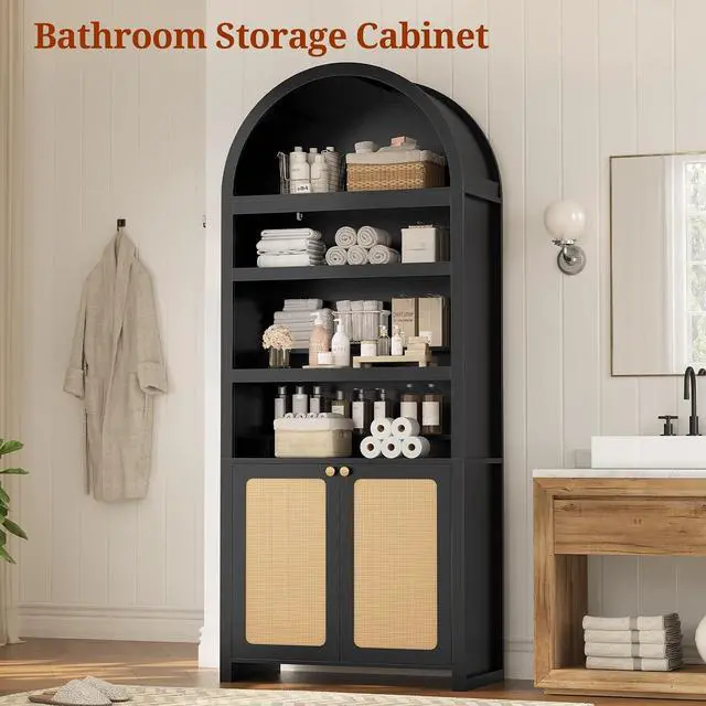 Alt view image 7 of 7 - 81" Tall Arched Cabinets,Bookcase with storage,Mid-Century Modern 6-Tier Bookshelf with Door,2 Book Risers and Adjustable Shelves offering more storage space for Living Room,Home Office,Black+Oak