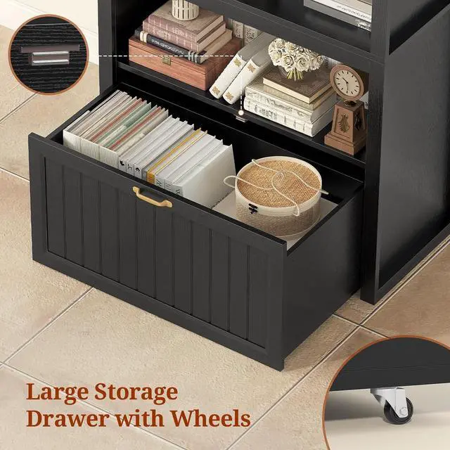 Alt view image 4 of 7 - 81" Tall Arched Cabinets,Bookcase with Drawer storage,Mid-Century Modern 5-Tier Bookshelf,2 Book Risers and Adjustable Shelves offering more storage space for Living Room,Kitchen,Home Office,Black