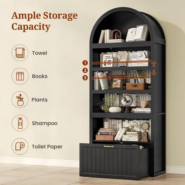 Alt view image 5 of 7 - 81" Tall Arched Cabinets,Bookcase with Drawer storage,Mid-Century Modern 5-Tier Bookshelf,2 Book Risers and Adjustable Shelves offering more storage space for Living Room,Kitchen,Home Office,Black