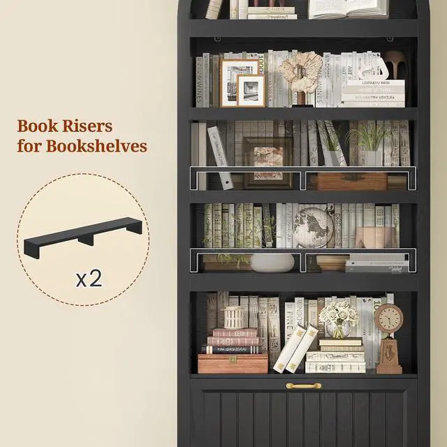 Alt view image 6 of 7 - 81" Tall Arched Cabinets,Bookcase with Drawer storage,Mid-Century Modern 5-Tier Bookshelf,2 Book Risers and Adjustable Shelves offering more storage space for Living Room,Kitchen,Home Office,Black