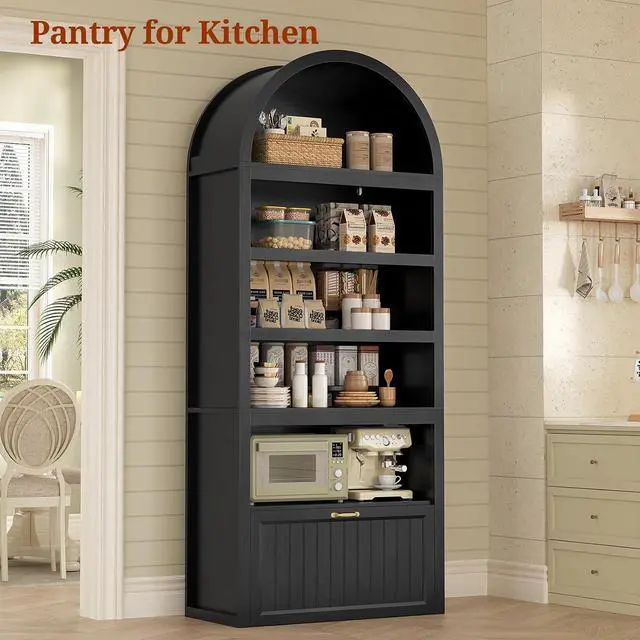 Alt view image 7 of 7 - 81" Tall Arched Cabinets,Bookcase with Drawer storage,Mid-Century Modern 5-Tier Bookshelf,2 Book Risers and Adjustable Shelves offering more storage space for Living Room,Kitchen,Home Office,Black