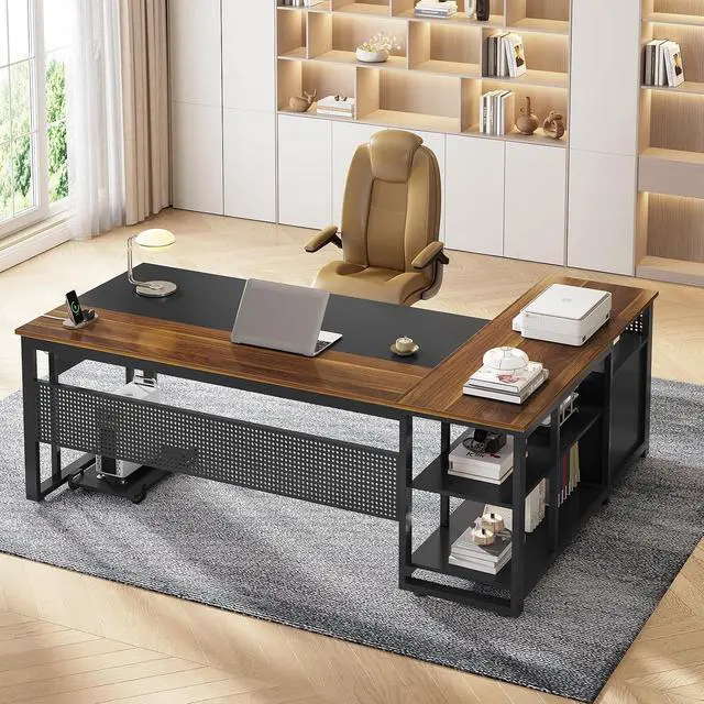 Alt view image 3 of 7 - 71 in Executive Desk with Power Outlets, Reversible L Shaped Computer Desk with File Drawers & Storage Shelves, Large Office Desk with Pegboard, Mobile CPU Stand, Modern Corner Desk (Walnut)