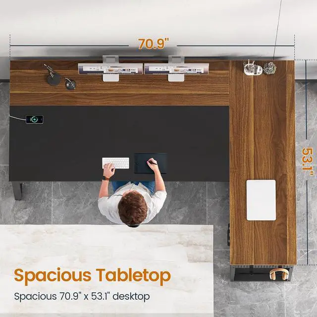 Alt view image 5 of 7 - 71 in Executive Desk with Power Outlets, Reversible L Shaped Computer Desk with File Drawers & Storage Shelves, Large Office Desk with Pegboard, Mobile CPU Stand, Modern Corner Desk (Walnut)
