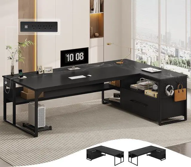 Main image of 71" Executive Desk, Large Office Desk with Widen File Drawers & Power Outlets, Reversible L Shaped Computer Desk Corner Desk with Storage Shelves, CPU Stand, Hooks, Business Furniture (Black)