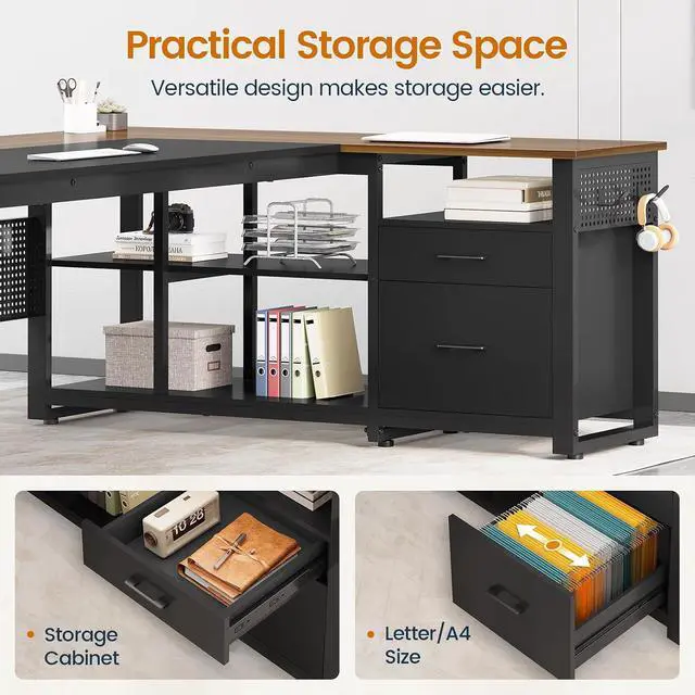 Alt view image 7 of 7 - 71 in Executive Desk with Power Outlets, Reversible L Shaped Computer Desk with File Drawers & Storage Shelves, Large Office Desk with Pegboard, Mobile CPU Stand, Modern Corner Desk (Walnut)