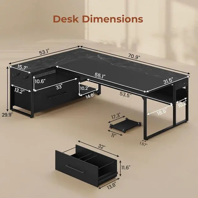 Alt view image 2 of 7 - 71" Executive Desk, Large Office Desk with Widen File Drawers & Power Outlets, Reversible L Shaped Computer Desk Corner Desk with Storage Shelves, CPU Stand, Hooks, Business Furniture (Black)