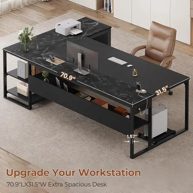 Alt view image 3 of 7 - 71" Executive Desk, Large Office Desk with Widen File Drawers & Power Outlets, Reversible L Shaped Computer Desk Corner Desk with Storage Shelves, CPU Stand, Hooks, Business Furniture (Black)