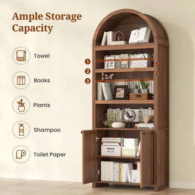 Alt view image 3 of 7 - 81" Tall Arched Cabinets,Bookcase with storage,Mid-Century Modern 6-Tier Bookshelf with Door,2 Book Risers and Adjustable Shelves offering more storage space for Living Room,Kitchen,Home Office,Brown