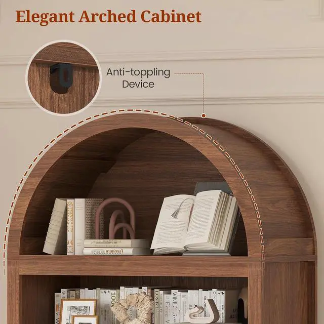 Alt view image 5 of 7 - 81" Tall Arched Cabinets,Bookcase with storage,Mid-Century Modern 6-Tier Bookshelf with Door,2 Book Risers and Adjustable Shelves offering more storage space for Living Room,Kitchen,Home Office,Brown