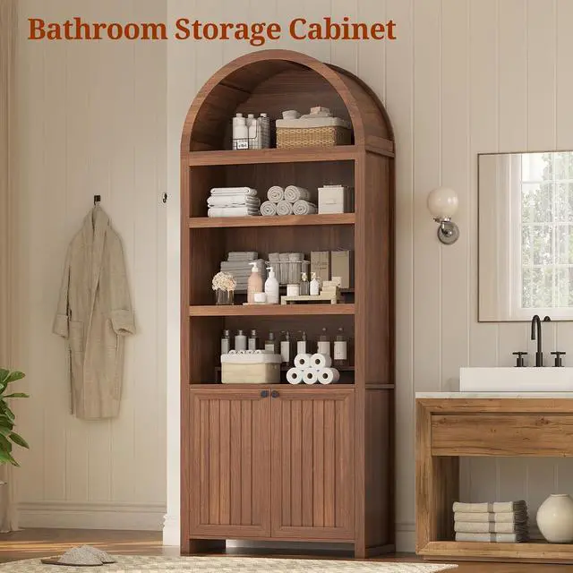 Alt view image 7 of 7 - 81" Tall Arched Cabinets,Bookcase with storage,Mid-Century Modern 6-Tier Bookshelf with Door,2 Book Risers and Adjustable Shelves offering more storage space for Living Room,Kitchen,Home Office,Brown