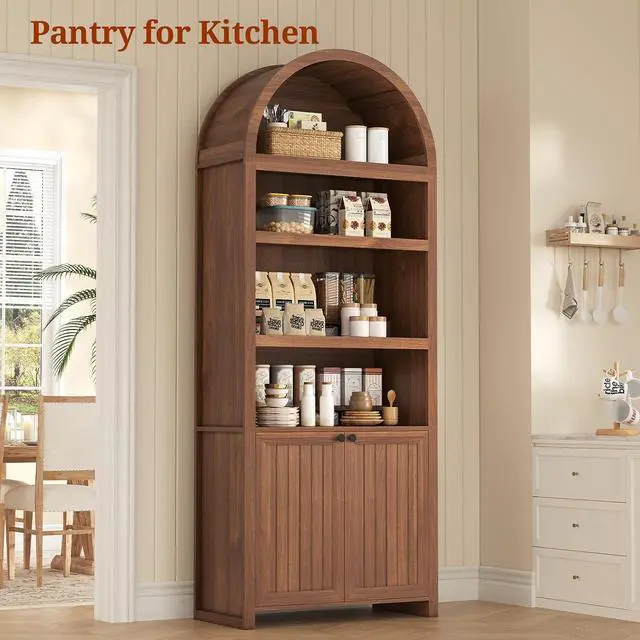 Alt view image 6 of 7 - 81" Tall Arched Cabinets,Bookcase with storage,Mid-Century Modern 6-Tier Bookshelf with Door,2 Book Risers and Adjustable Shelves offering more storage space for Living Room,Kitchen,Home Office,Brown