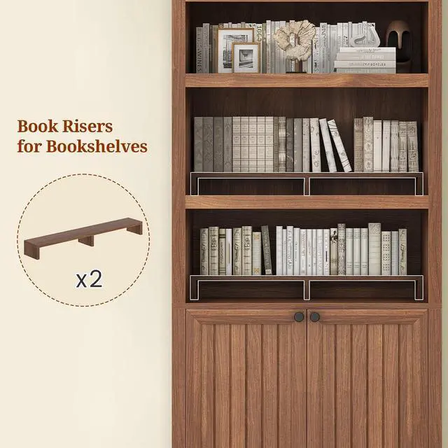 Alt view image 4 of 7 - 81" Tall Arched Cabinets,Bookcase with storage,Mid-Century Modern 6-Tier Bookshelf with Door,2 Book Risers and Adjustable Shelves offering more storage space for Living Room,Kitchen,Home Office,Brown