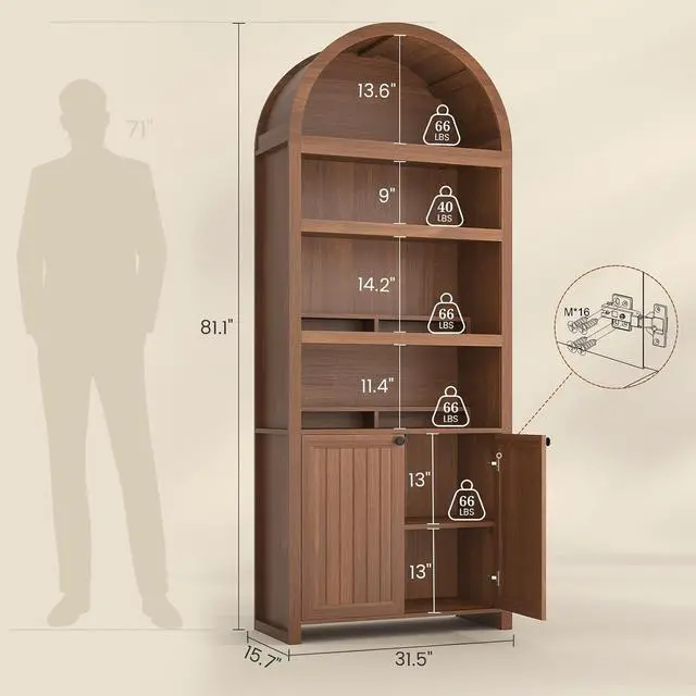 Alt view image 2 of 7 - 81" Tall Arched Cabinets,Bookcase with storage,Mid-Century Modern 6-Tier Bookshelf with Door,2 Book Risers and Adjustable Shelves offering more storage space for Living Room,Kitchen,Home Office,Brown