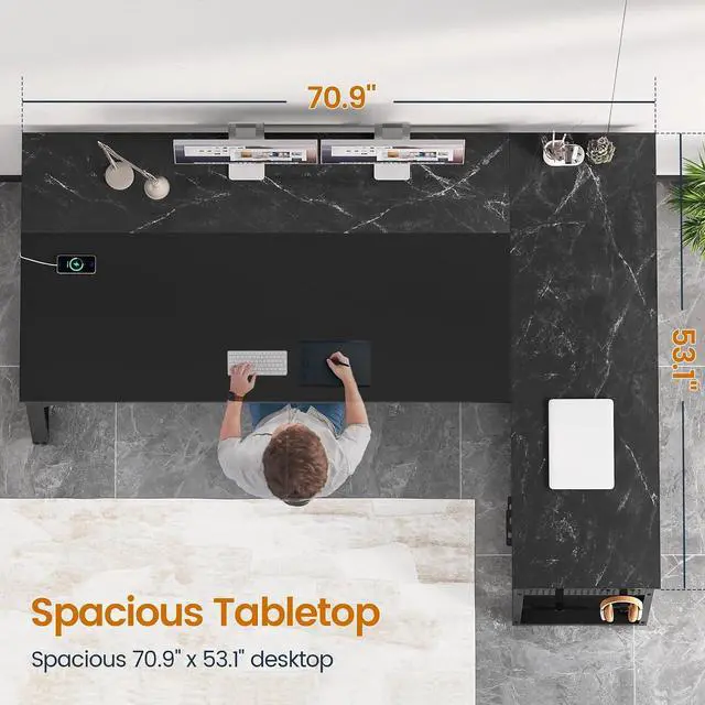 Alt view image 2 of 7 - 71 in Executive Desk with Power Outlets, Reversible L Shaped Desk with File Drawers & Storage Shelves, Large Office Desk Computer Desk with Pegboard, Mobile CPU Stand, Modern Corner Desk (Black)