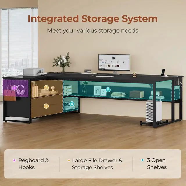 Alt view image 6 of 7 - 71" Executive Desk, Large Office Desk with Widen File Drawers & Power Outlets, Reversible L Shaped Computer Desk Corner Desk with Storage Shelves, CPU Stand, Hooks, Business Furniture (Black)