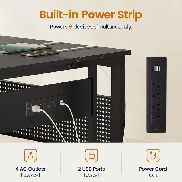 Alt view image 4 of 7 - 71 in Executive Desk with Power Outlets, Reversible L Shaped Desk with File Drawers & Storage Shelves, Large Office Desk Computer Desk with Pegboard, Mobile CPU Stand, Modern Corner Desk (Black)