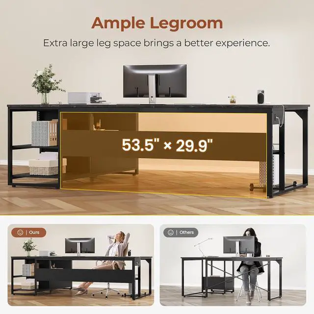 Alt view image 7 of 7 - 71" Executive Desk, Large Office Desk with Widen File Drawers & Power Outlets, Reversible L Shaped Computer Desk Corner Desk with Storage Shelves, CPU Stand, Hooks, Business Furniture (Black)