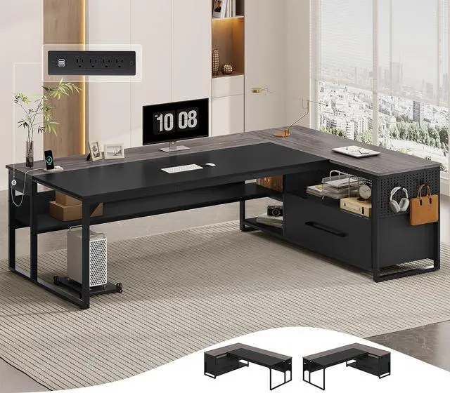 Main image of 71" Executive Desk, Large Office Desk with Widen File Drawers & Power Outlets, Reversible L Shaped Computer Desk Corner Desk with Storage Shelves, CPU Stand, Hooks, Business Furniture (Grey)