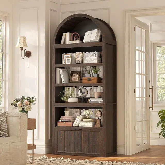 Main image of 81" Tall Arched Cabinets,Bookcase with Drawer storage,Mid-Century Modern 5-Tier Bookshelf,2 Book Risers and Adjustable Shelves offering more storage space for Living Room,Kitchen,Home Office,Walnut