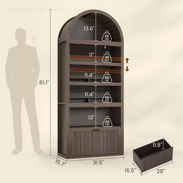 Alt view image 2 of 7 - 81" Tall Arched Cabinets,Bookcase with Drawer storage,Mid-Century Modern 5-Tier Bookshelf,2 Book Risers and Adjustable Shelves offering more storage space for Living Room,Kitchen,Home Office,Walnut
