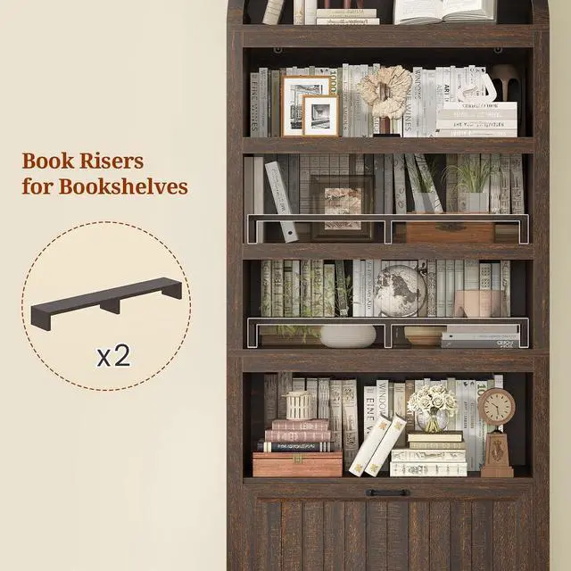 Alt view image 6 of 7 - 81" Tall Arched Cabinets,Bookcase with Drawer storage,Mid-Century Modern 5-Tier Bookshelf,2 Book Risers and Adjustable Shelves offering more storage space for Living Room,Kitchen,Home Office,Walnut