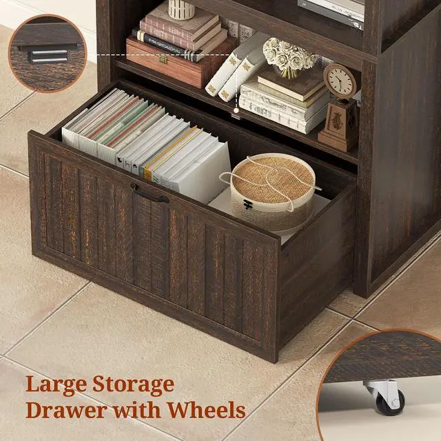 Alt view image 4 of 7 - 81" Tall Arched Cabinets,Bookcase with Drawer storage,Mid-Century Modern 5-Tier Bookshelf,2 Book Risers and Adjustable Shelves offering more storage space for Living Room,Kitchen,Home Office,Walnut
