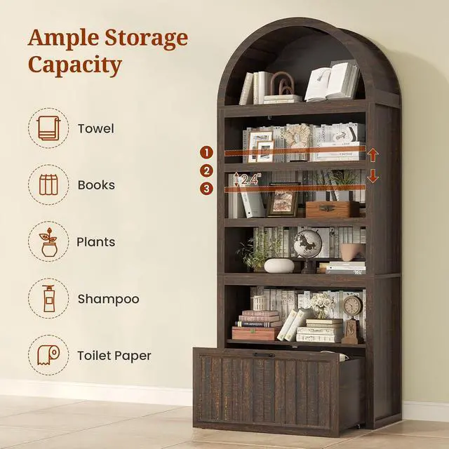 Alt view image 3 of 7 - 81" Tall Arched Cabinets,Bookcase with Drawer storage,Mid-Century Modern 5-Tier Bookshelf,2 Book Risers and Adjustable Shelves offering more storage space for Living Room,Kitchen,Home Office,Walnut