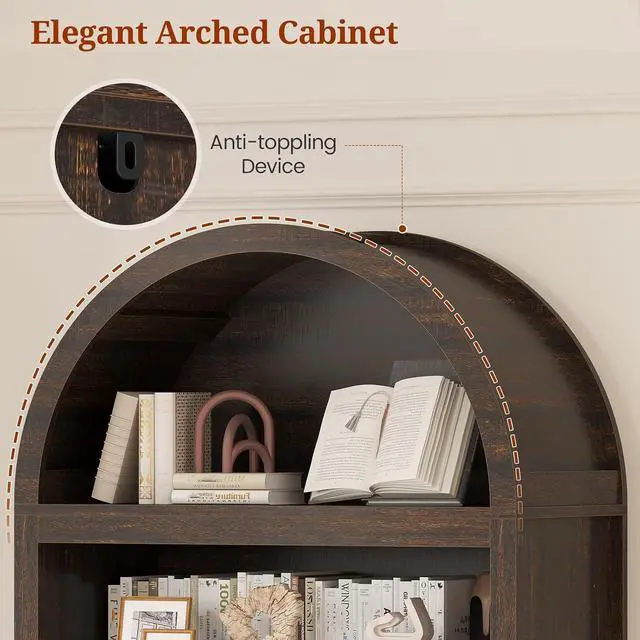 Alt view image 5 of 7 - 81" Tall Arched Cabinets,Bookcase with Drawer storage,Mid-Century Modern 5-Tier Bookshelf,2 Book Risers and Adjustable Shelves offering more storage space for Living Room,Kitchen,Home Office,Walnut