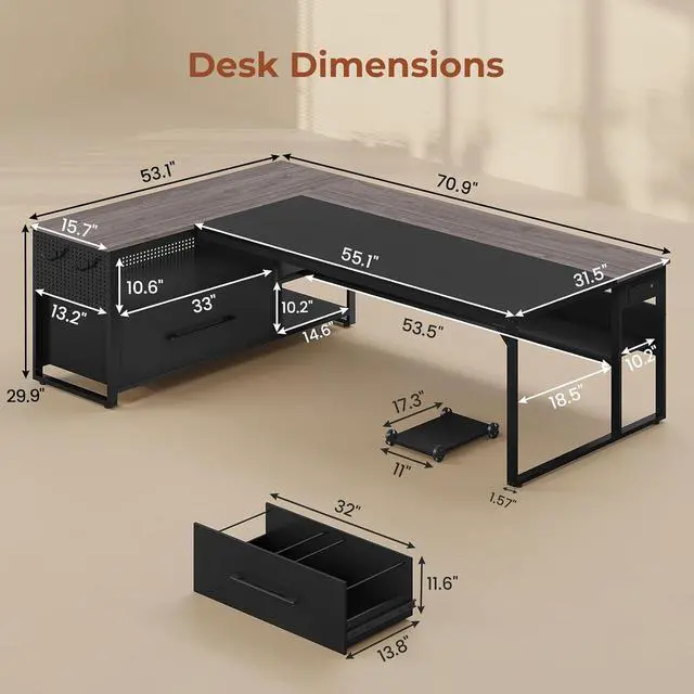 Alt view image 2 of 7 - 71" Executive Desk, Large Office Desk with Widen File Drawers & Power Outlets, Reversible L Shaped Computer Desk Corner Desk with Storage Shelves, CPU Stand, Hooks, Business Furniture (Grey)