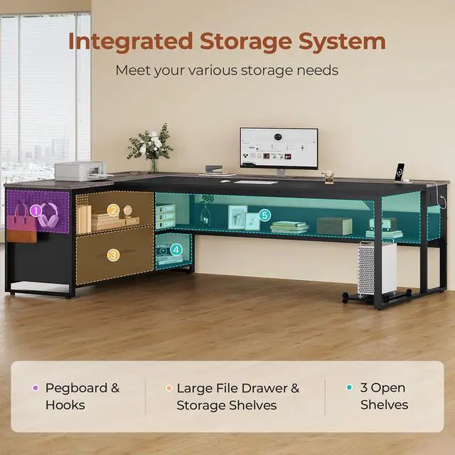 Alt view image 3 of 7 - 71" Executive Desk, Large Office Desk with Widen File Drawers & Power Outlets, Reversible L Shaped Computer Desk Corner Desk with Storage Shelves, CPU Stand, Hooks, Business Furniture (Grey)