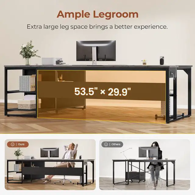 Alt view image 7 of 7 - 71" Executive Desk, Large Office Desk with Widen File Drawers & Power Outlets, Reversible L Shaped Computer Desk Corner Desk with Storage Shelves, CPU Stand, Hooks, Business Furniture (Grey)