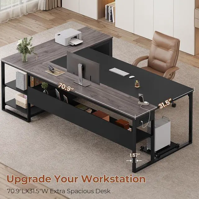 Alt view image 6 of 7 - 71" Executive Desk, Large Office Desk with Widen File Drawers & Power Outlets, Reversible L Shaped Computer Desk Corner Desk with Storage Shelves, CPU Stand, Hooks, Business Furniture (Grey)