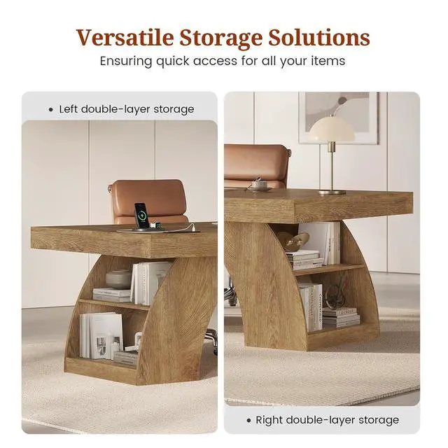 Alt view image 4 of 7 - 70.9 Inch Executive Desk, Large Office Desk with Power Outlet & Storage Shelves, Modern Aesthetic Computer Desks Wood Writing Table Workstation Business Furniture for Home Office (Oak)
