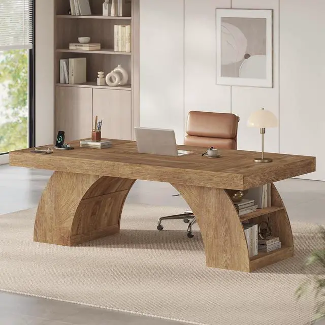 Main image of 70.9 Inch Executive Desk, Large Office Desk with Power Outlet & Storage Shelves, Modern Aesthetic Computer Desks Wood Writing Table Workstation Business Furniture for Home Office (Oak)