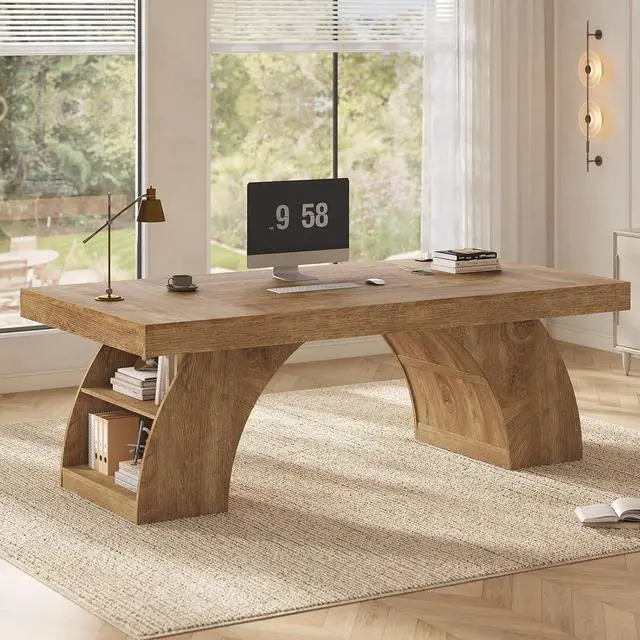 Alt view image 3 of 7 - 70.9 Inch Executive Desk, Large Office Desk with Power Outlet & Storage Shelves, Modern Aesthetic Computer Desks Wood Writing Table Workstation Business Furniture for Home Office (Oak)