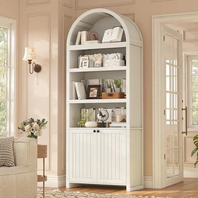 Main image of 81" Tall Arched Cabinets,Bookcase with storage,Mid-Century Modern 6-Tier Bookshelf with Door,2 Book Risers and Adjustable Shelves give more storage space for Living Room,Home Office Antique White