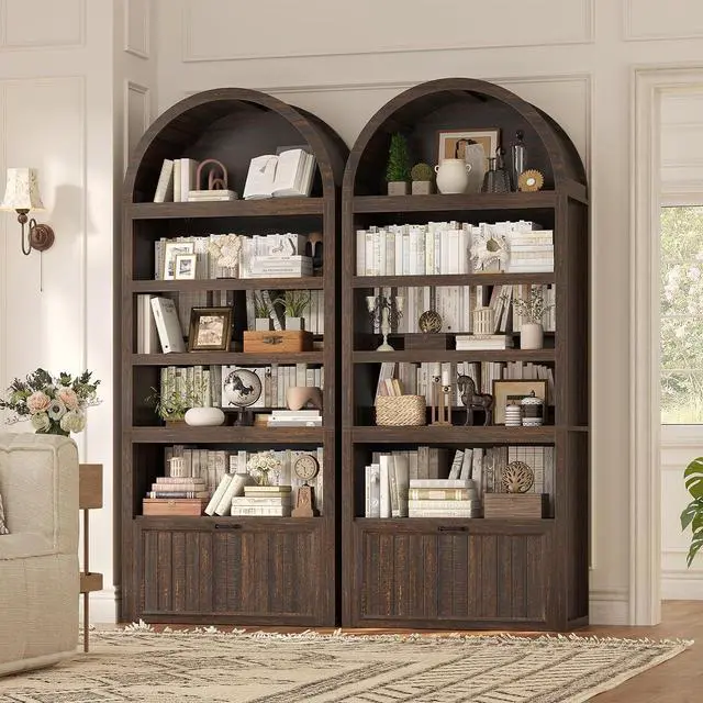 Alt view image 7 of 7 - 81" Tall Arched Cabinets,Bookcase with Drawer storage,Mid-Century Modern 5-Tier Bookshelf,2 Book Risers and Adjustable Shelves offering more storage space for Living Room,Kitchen,Home Office,Walnut