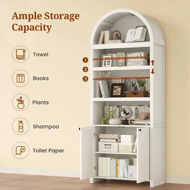 Alt view image 3 of 7 - 81" Tall Arched Cabinets,Bookcase with storage,Mid-Century Modern 6-Tier Bookshelf with Door,2 Book Risers and Adjustable Shelves give more storage space for Living Room,Home Office Antique White