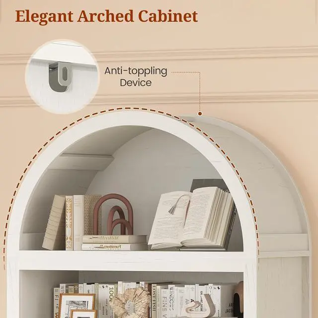Alt view image 5 of 7 - 81" Tall Arched Cabinets,Bookcase with storage,Mid-Century Modern 6-Tier Bookshelf with Door,2 Book Risers and Adjustable Shelves give more storage space for Living Room,Home Office Antique White