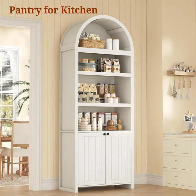 Alt view image 6 of 7 - 81" Tall Arched Cabinets,Bookcase with storage,Mid-Century Modern 6-Tier Bookshelf with Door,2 Book Risers and Adjustable Shelves give more storage space for Living Room,Home Office Antique White